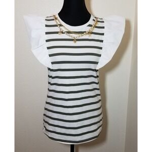 Love Forever Womens S White Stripe Flutter Sleeve Top Charms Pearls Coastal NWT